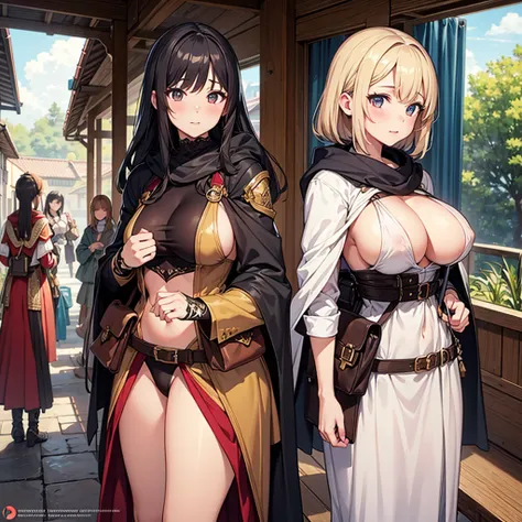 side boob, under boob, High quality, super detailed, best quality, highly detailed, beautiful, masterpiece, group of girls, ((adult)), harem, adventurer, fantasy, perfect anatomy, detailed outfit, detailed decoration, pouch, cloak, belt, big boobs