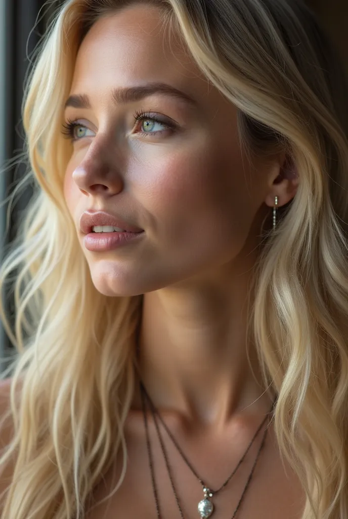   a close up of a woman with long blond hair and a necklace, um retrato de John Luke,   winner of the cg society contest , digital art, A girl with blond hair, Sophie Turner girl, stunning young model, beautiful blonde girl, beautiful young woman,  very be...