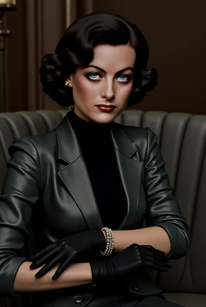 beautiful brunette woman sitting on a sofa with a bracelet on her wrist ,  glamorous pose  , actress , Joane Crawford , gray leather blazer , black polo neck , black gloves , Flagellation , short hair in a very glamorous style from the 1930s .