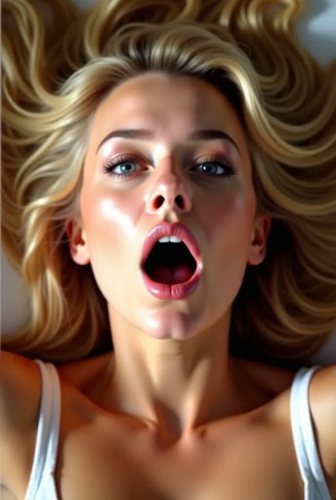 don't save for work, warm,  BLONDE WOMAN, new, lying down, eyes show pleasure, ecstasy.  Her mouth is open in amazement, looking at the camera, realistic pwarmo taken from above, mouth, An expression pleasure
