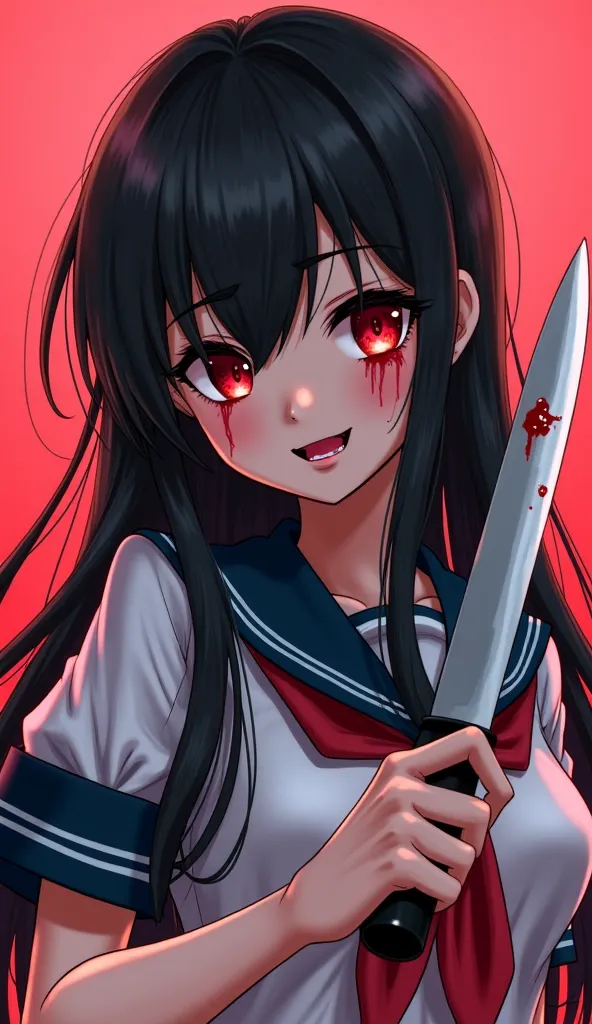 Create a girl in anime style, with long black hair, black eyes, With blood coming out of the eyes, wearing a high school sailor uniform, holding a knife,  and looking at the observer , with a sadistic smile