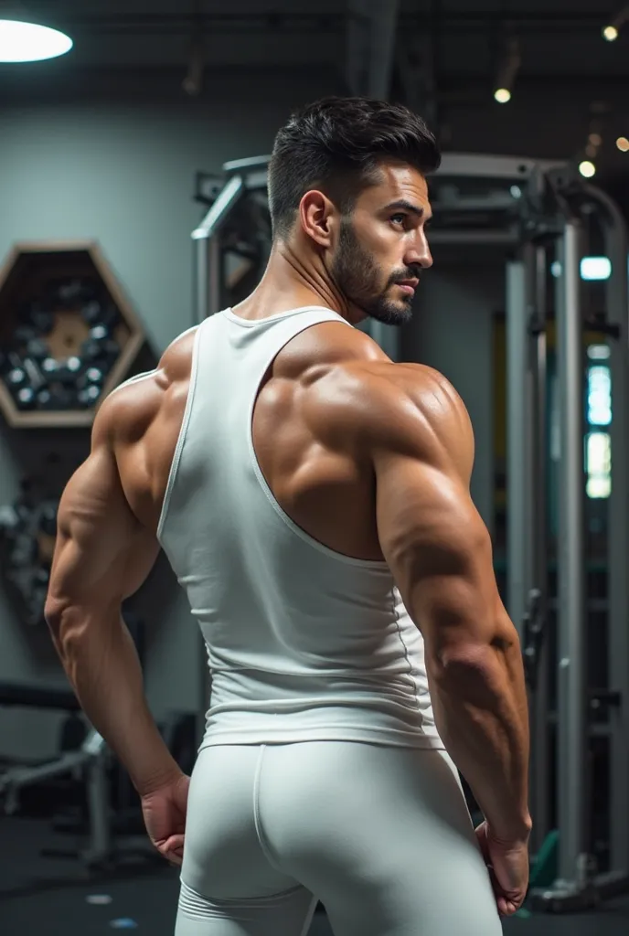 The updated image description could depict a muscular individual in a gym setting, wearing a fitted white shirt and white leggings. The man is shown from the back, with a dynamic pose as he slightly turns his head to glance over his shoulder. His athletic ...