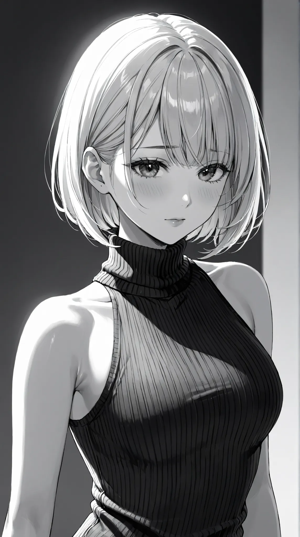 "A beautiful young woman with short, straight bob hair, soft bangs covering part of her eyes, wearing a stylish sleeveless turtleneck sweater with cut-out shoulders. She has a slightly melancholic yet mysterious expression, gazing forward with slightly tir...