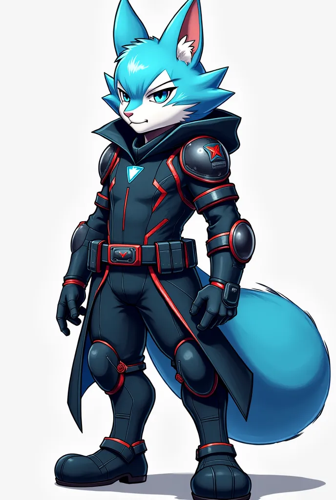 Furry lynx , Lynx Furry ,  male male , light blue and white fur, well-groomed turquoise hair,  sky blue eyes, dark soldier costume with red touches futuristic cyberpunk, serious and sinister and angry look, furry, anime style, concept art, full body foot s...