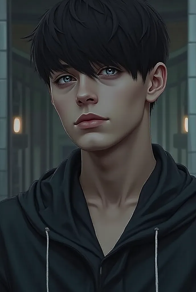 Dark black-haired boy, grey eyes, Look at Sefia