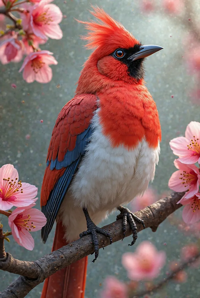 "A vibrant red and white bird perched on a branch adorned with delicate pink blossoms."
