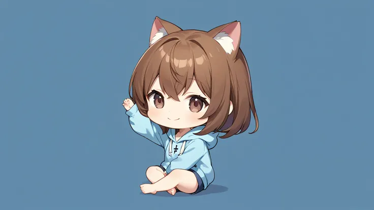 Anime Girl with Cat Ears, beautiful charming anime girl,Brown haired goddess, dark eyes, Light blue hoodie, alone, from the side, smile, chibi, ((sitting cross-legged)), ((sitting)), One arm raised up, simple background