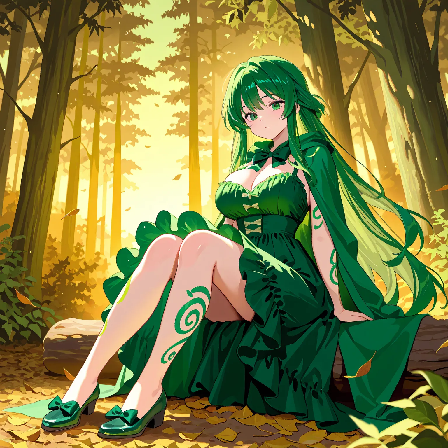 1 girl, Emerald green eyes, Pastel green long hair with leafs , Large breasts, Thick tighs, Spiral green tattoos on her body, beautiful ruffled dress with nature decorations and leave accesories, Green cloak with a bowtie, fancy shoes, Resting in a forest ...