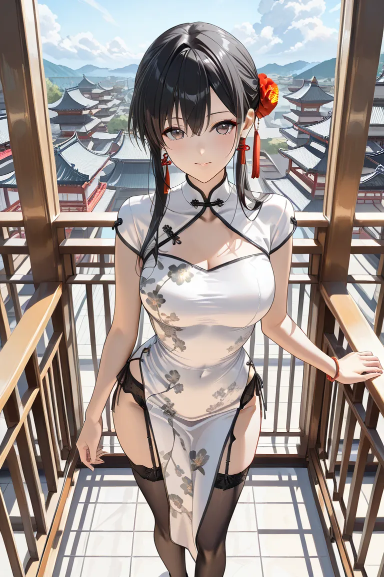 Score_9, score_8_up, score_7_up, score_6_up, ( Masterpiece, highest quality, very detailed depiction, japanese anime like), A beautiful young woman with long black hair stands on a balcony , elegant dress,china dress,garter belt,