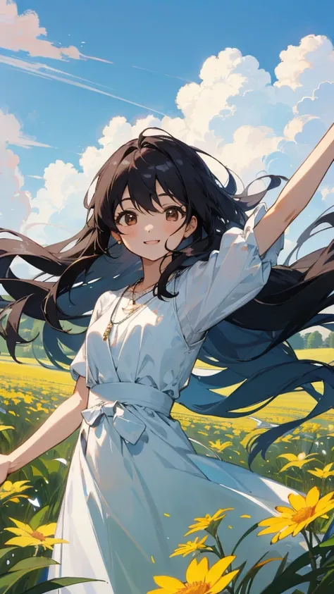 one girl、solo、 There is a place in the woods where flowers bloom 、They are dancing in a pure white summer dress in Hanazono、Very long hair with dark hair、brown eyes、upper body close-up、Summer sky、Summer Clouds、Flower Field、Girl with open arms 、necklaces、co...