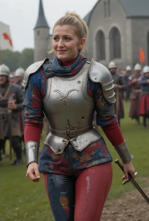 8k high resolution, best quality, 20 years old, dutch girl, short platinblonde hair, medieval times, female mercenary, wearing a fancy  colorfullgambeson and silver chestplate, battle in backround, scared, peeing herself, peeing her armor, pee running down...