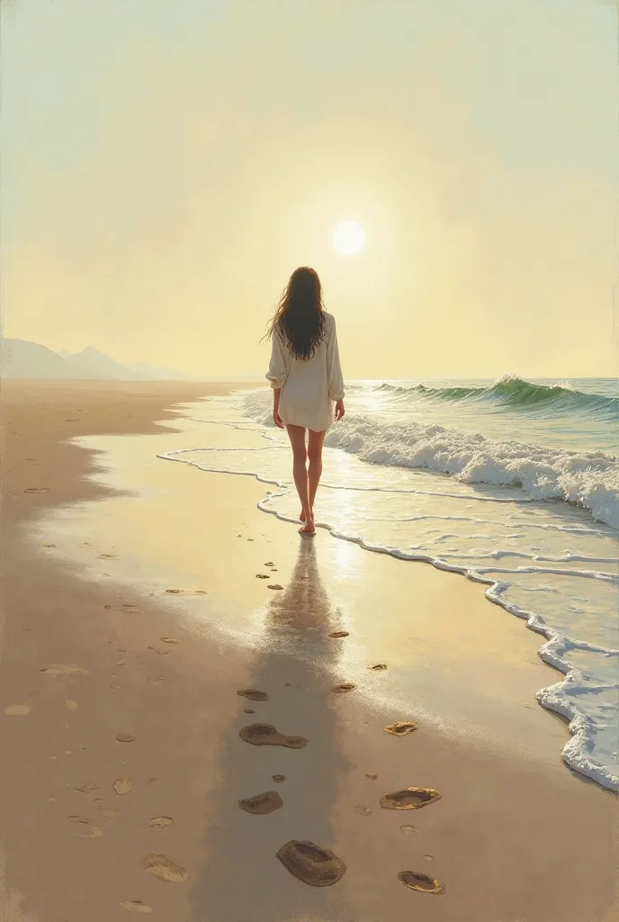 A person walking barefoot on the seashore, with traces of light remaining in the sand and waves slowly washing them away. It represents your sensitivity and your ability to let go.
