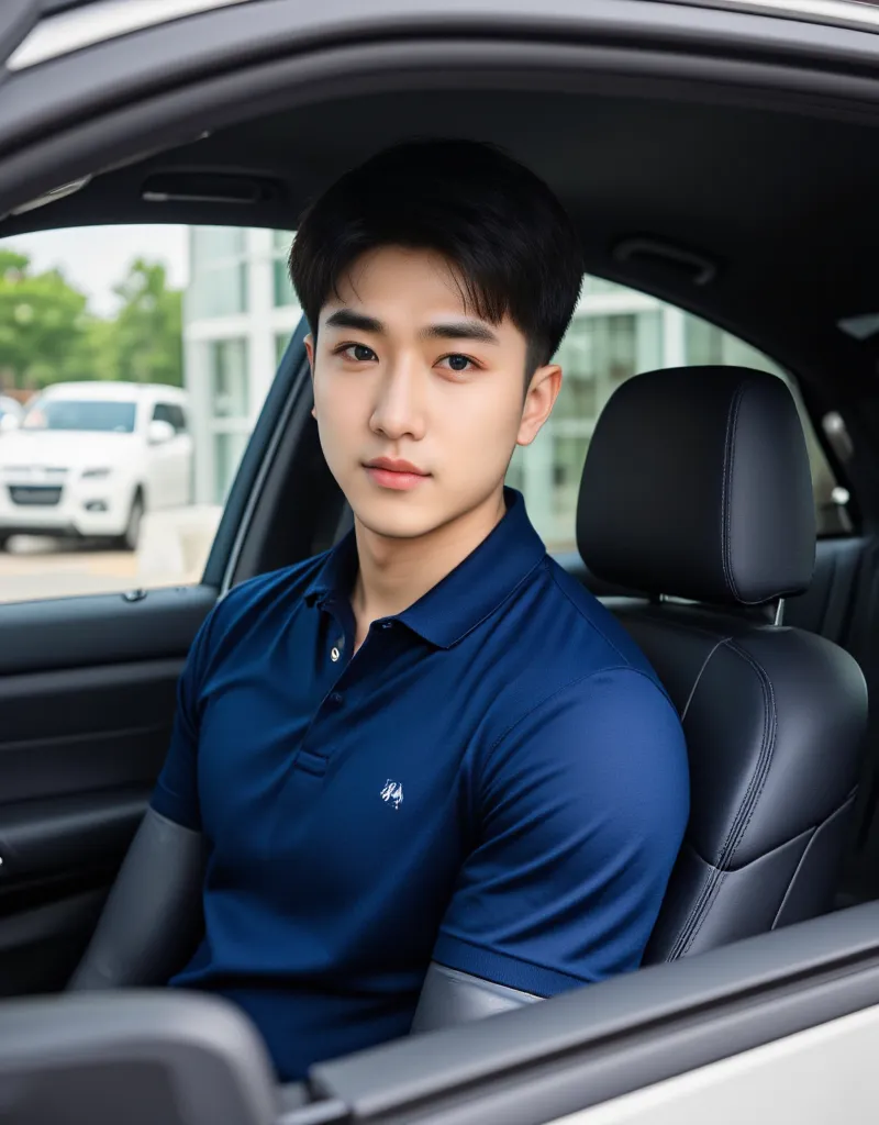 car interior portrait Korean man, short hair , dealership, he wore a navy polo with short sleeves. ,Inside the BMW look to camera