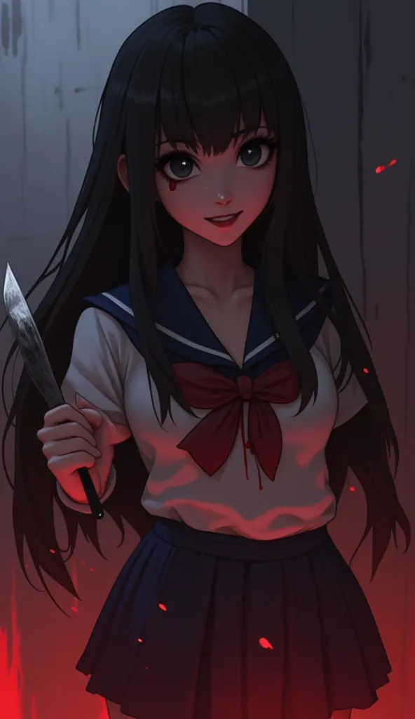 Create a girl in anime style, with long black hair, opaque black eyes, With blood coming out of the eyes, dark look, wearing a high school sailor uniform, holding a knife with one hand, looking at the observer, with a sadistic smile, scary 