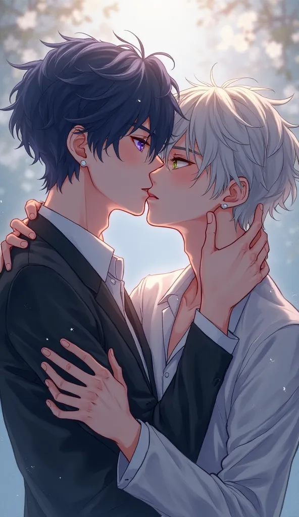 Two male boys, one with silver hair and gold eyes and the other with dark navy blue hair and pale purple eyes with short hair, kissing each other 