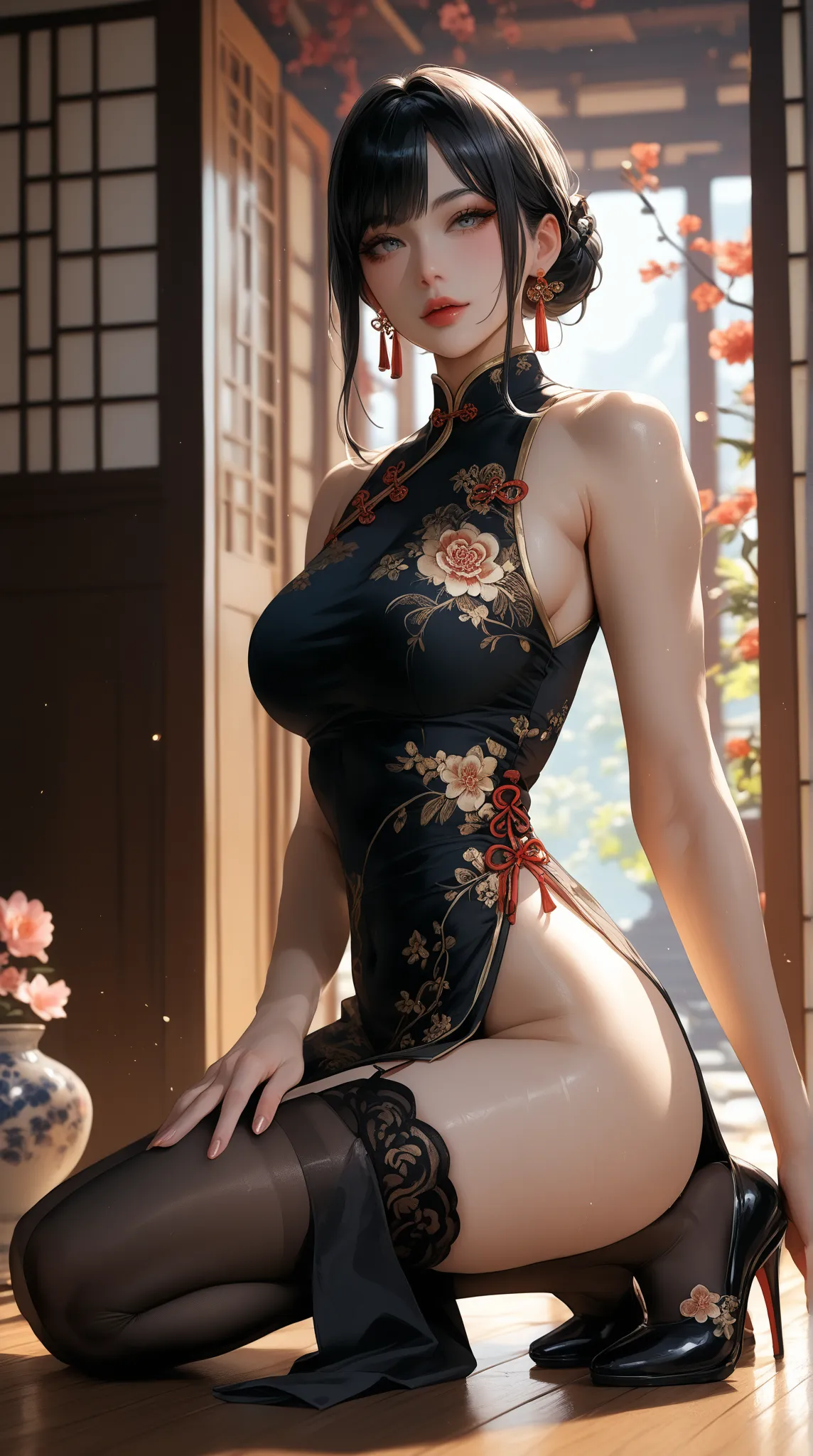 is an elegant and seductive woman with long black hair and white eyes, dressed in a black Chinese qipao dress with side slits, floral windows. Under the dress, black stockings and high lacquered high-heeled boots. Her hands are partially wrapped in bandage...