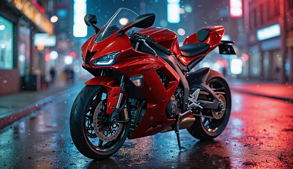 A hyper-realistic, ultra-detailed image of a Kawasaki Ninja H2 parked on a fully lit urban street at day. The bike's mirror-coated red paint reflects the neon city lights, creating a futuristic and aggressive look. The supercharged inline-four engine is hi...