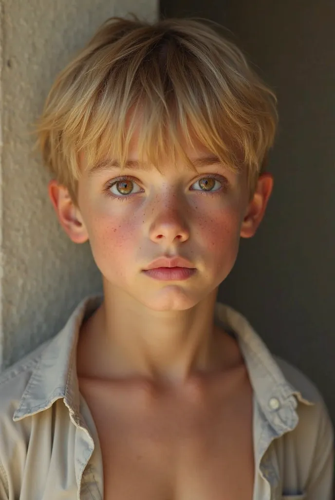 Light-skinned boy, straight blond hair and blonde eyebrows,  brown eyes, Open shirt showing the torso