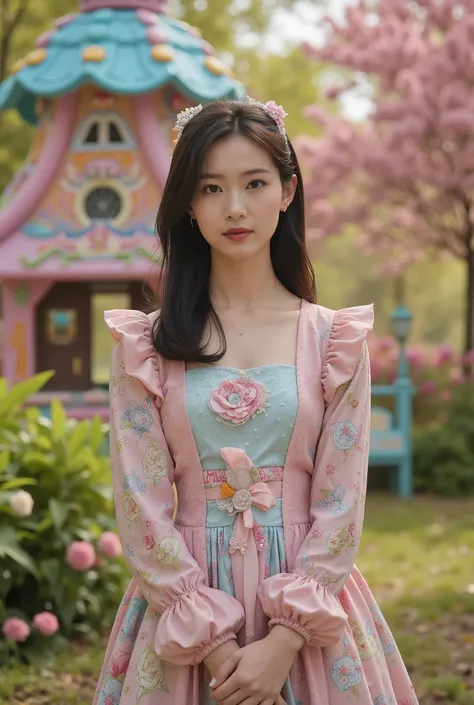 Create an image of a beautiful Japanese actress with fair skin stands gracefully in a whimsical, knee-length outfit. She has medium-length straight hair, exuding a sense of charm. The background features a colorful candy house nestled in a forest, surround...
