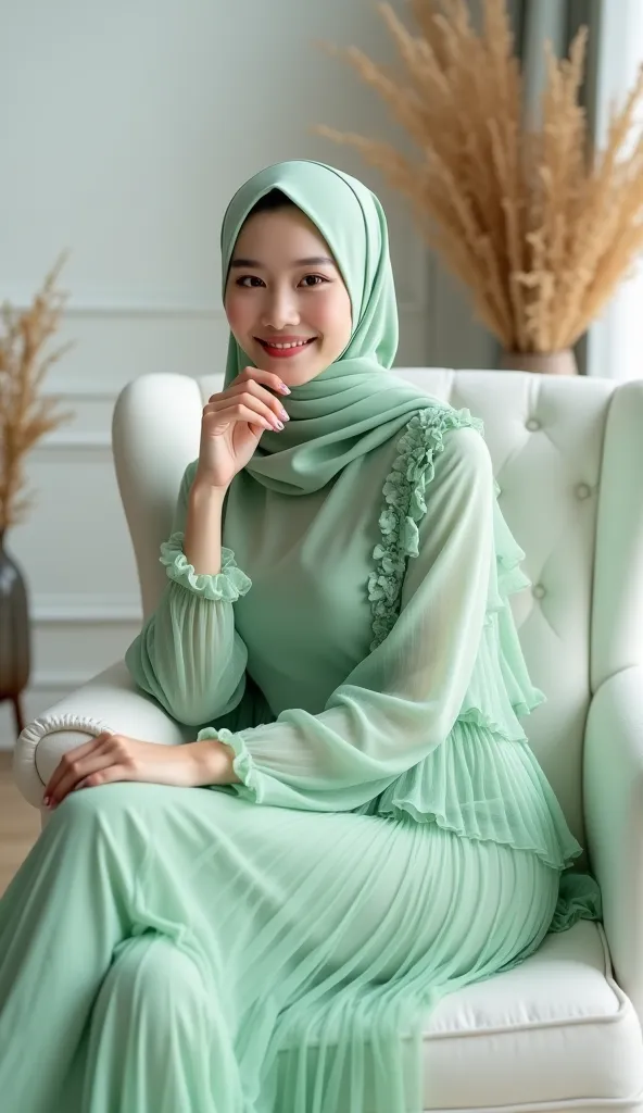 Beautiful Korean woman wearing a light green chiffon pashmina hijab, uses a luxurious ruffle dress made of light green crystals,sitting on a white luxury sofa chair,her legs are on top,her right hand raised her chin gently and smiled sweetly,next to the ch...