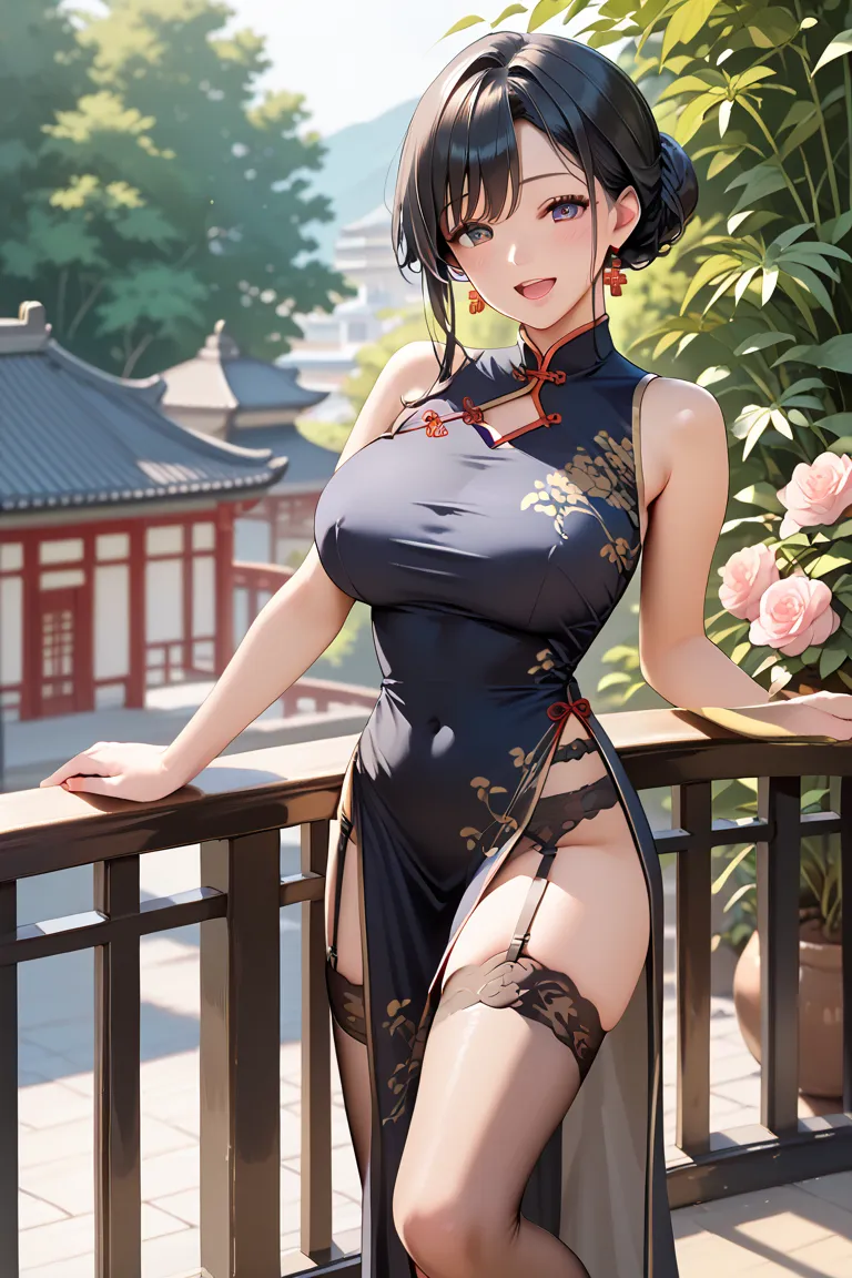 Score_9, score_8_up, score_7_up, score_6_up, ( Masterpiece, highest quality, very detailed depiction, japanese anime like), A beautiful young woman with long black hair stands on a balcony , elegant dress,china dress,garter belt, perfect body, open mouth, ...