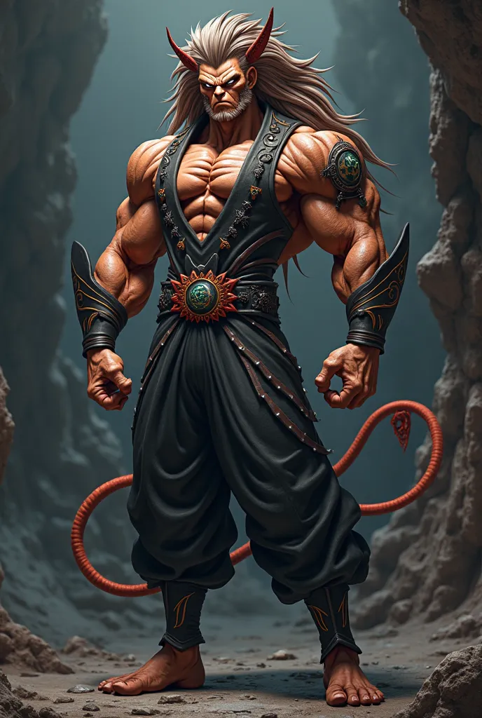 A 3D anime person, a brown skin  saiyan with a tail, eyes were demonical his hair covering one of his eyes, wearing a demonic suit