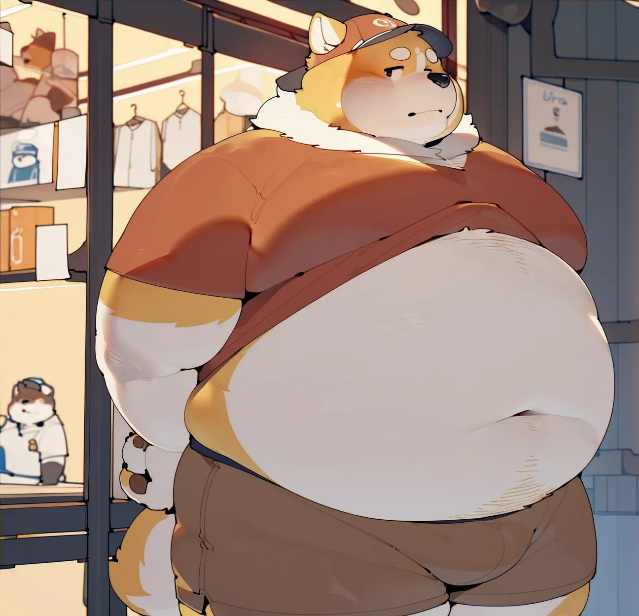 An Akita Inu Furry, Fat Body,  plump cheeks , Alone, neck hair(white),cap (white), brown shorts , red shirt, by Quanjiang ,   Adult man,  showcase , masterpiece,  realistic,   ultra quality ,  fair ,   Perfect Plump Body  , adult body, arrested