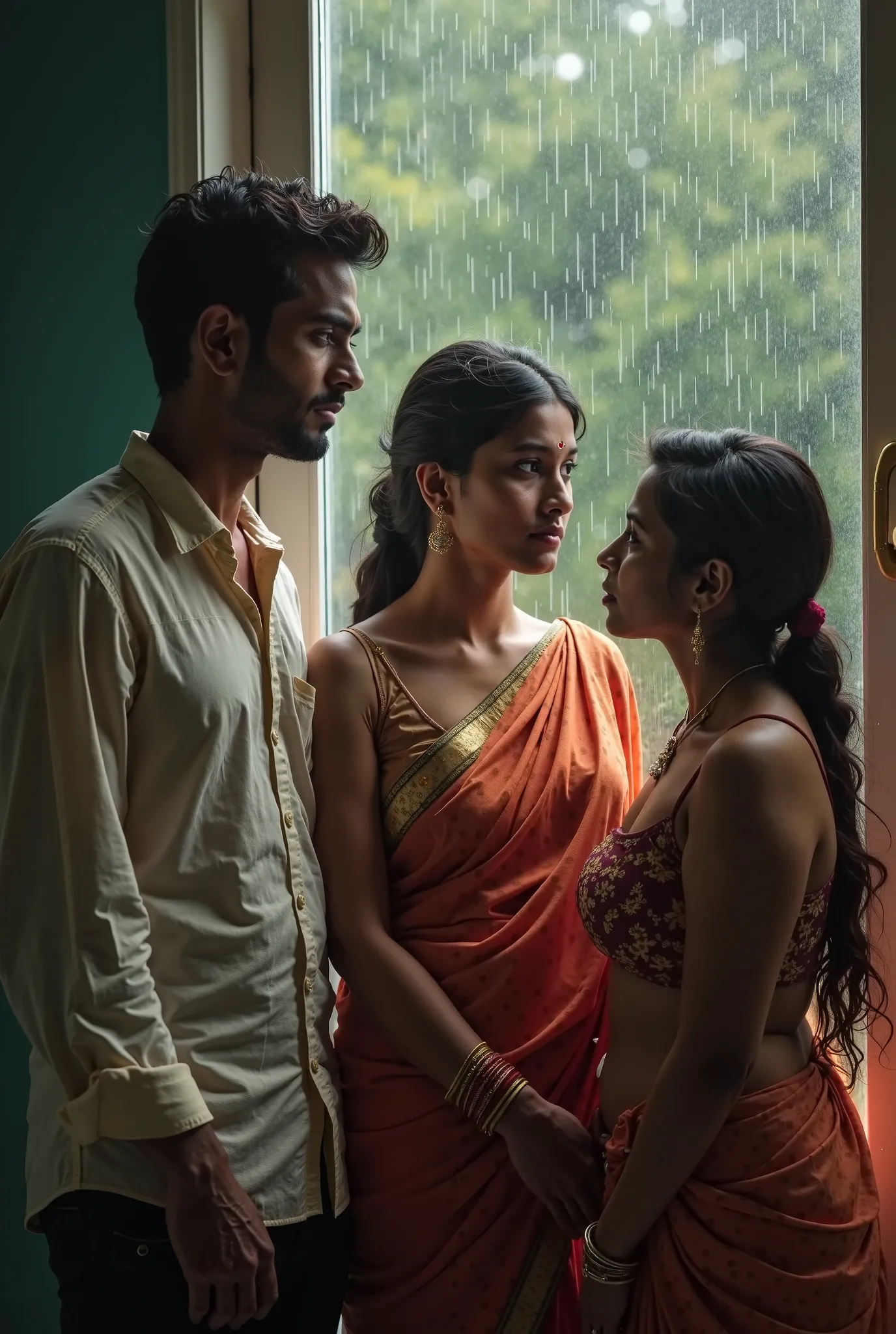 Generate a realistic scene featuring a young indian man, middle-aged woman, and yong woman gathered by a window, The young man appears thoughtful and is dressed shirt and pant, the middle-aged woman wears a classic saree showing  breast with navel, and the...