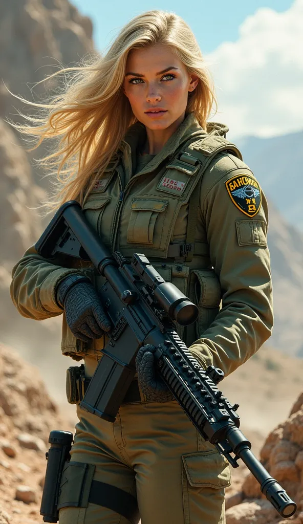 A beautiful blonde soldier with loose hair and green eyes and holding a rifle 