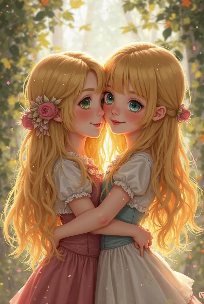 A twin girl, long yellow hair, green eyes, is hugging the neck of the base, long yellow hair, blue eyes, wearing a Victorian-style dress, asking for a 2d image