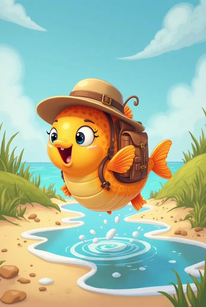 "A cute and cartoonish fish takes its first steps on land after jumping out of the ocean. The fish, wearing a tiny explorer's backpack and hat, looks around curiously. It tries to breathe like a human but quickly realizes it still needs water. It gasps dra...