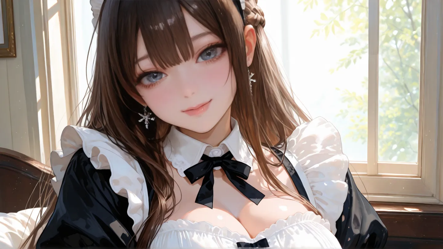 4k , 8k , portrait ,  (only 1 female)  (long straight black brown hair with full bangs dark blue eyes) Half up braid , ((very long hair)) , eyes details , wear small snowflake white earrings , wearing white and black maid outfits , ((breast size: 38)) , bo...