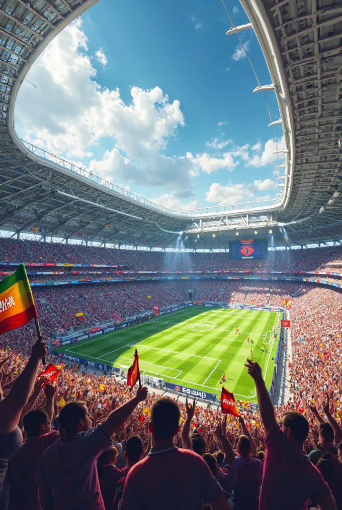 A soccer stadium with an audience waving flags and that say GRAN DT on the flags 