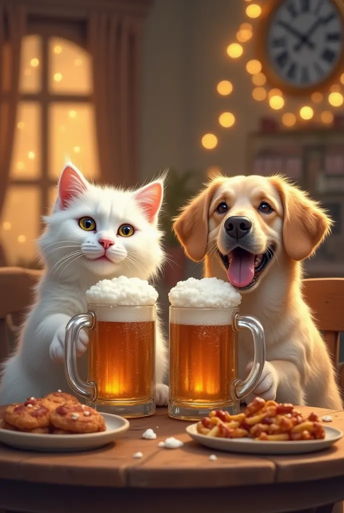 Prompt:
“A fluffy white cat and a friendly dog sitting together at a cozy wooden table, each holding a large beer mug filled with frothy beer. The background features a warmly lit room with a glowing window, creating a relaxed and festive atmosphere. The t...