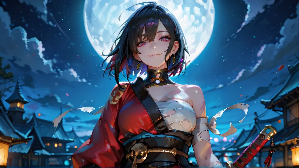 masterpiece, best quality, perfect features, 1girl, solo,looking at viewer, standing, upper body, smile, holding,  holding weapon, weapon, night, sky, full moon, depth of field,bandages, bare shoulders, asymmetrical clothes, jewelry, masterpiece, best qual...