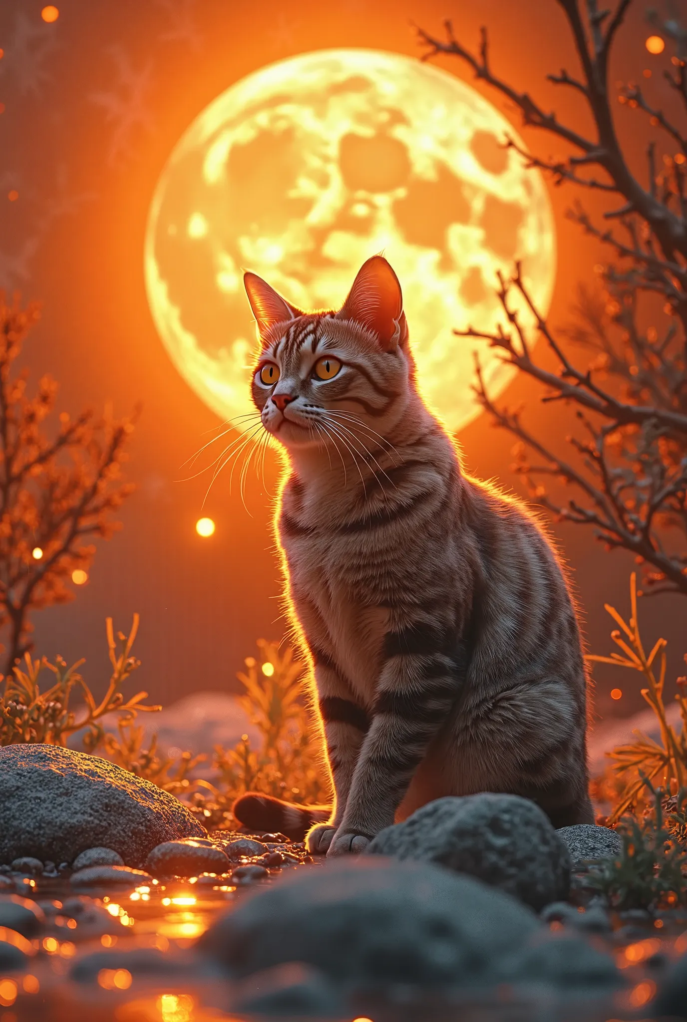 orange sunset full moon and cat, conceptual installation art, fantasy effects, BREAK delicate and dynamic textures, contrasts of light and shadow, shimmer crystal water stones, 2.5D, artistic photography, hyper realistic, digital graphic CG, BREAK ultra de...