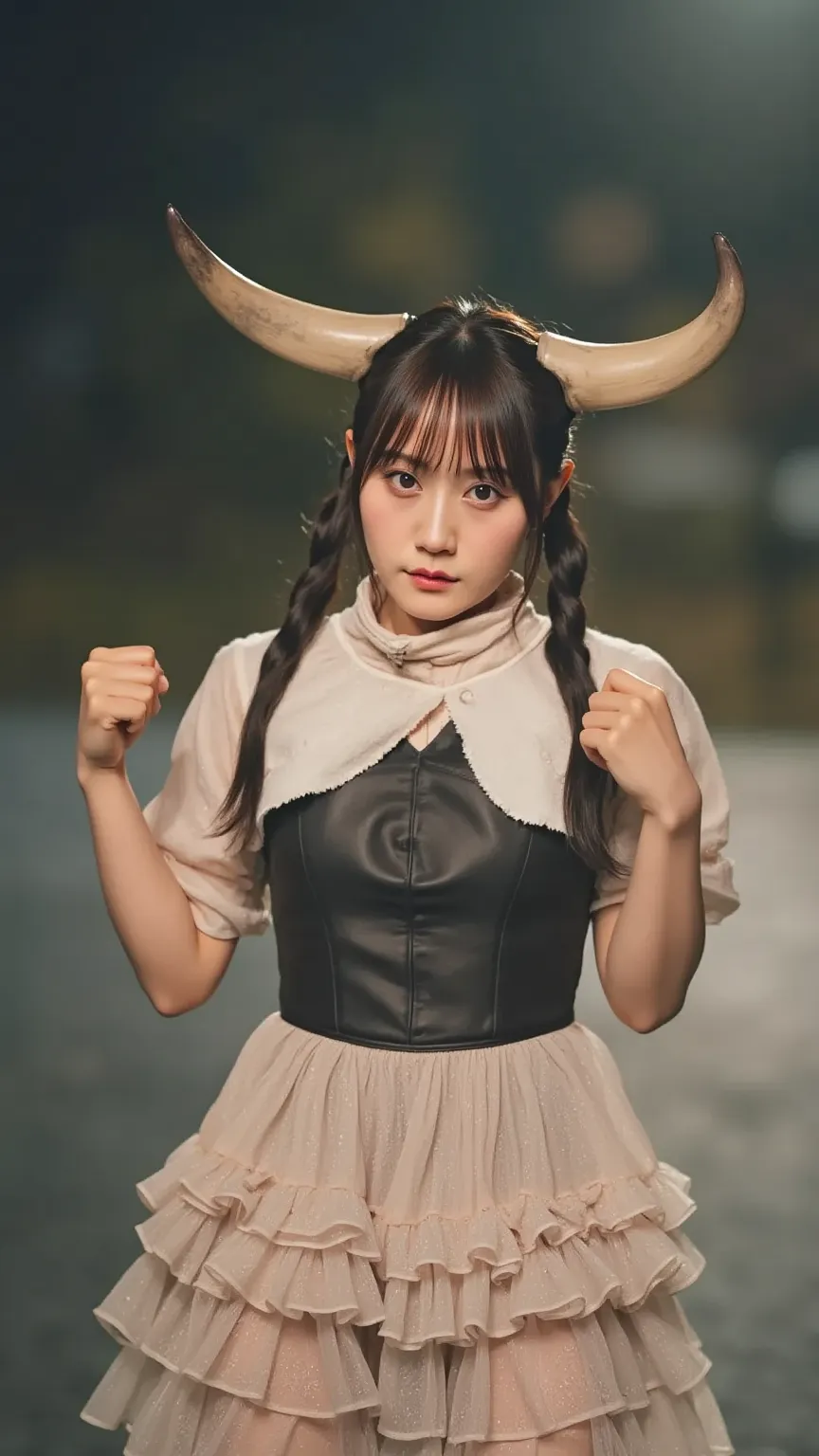 A Japanese woman who has fused with a fighting bull, standing in an aggressive forward-leaning posture, ready to charge at any moment. She wears a high-neck T-shirt and a frilly skirt. Large, sharp bull horns grow from her head. Her intense gaze and tense ...