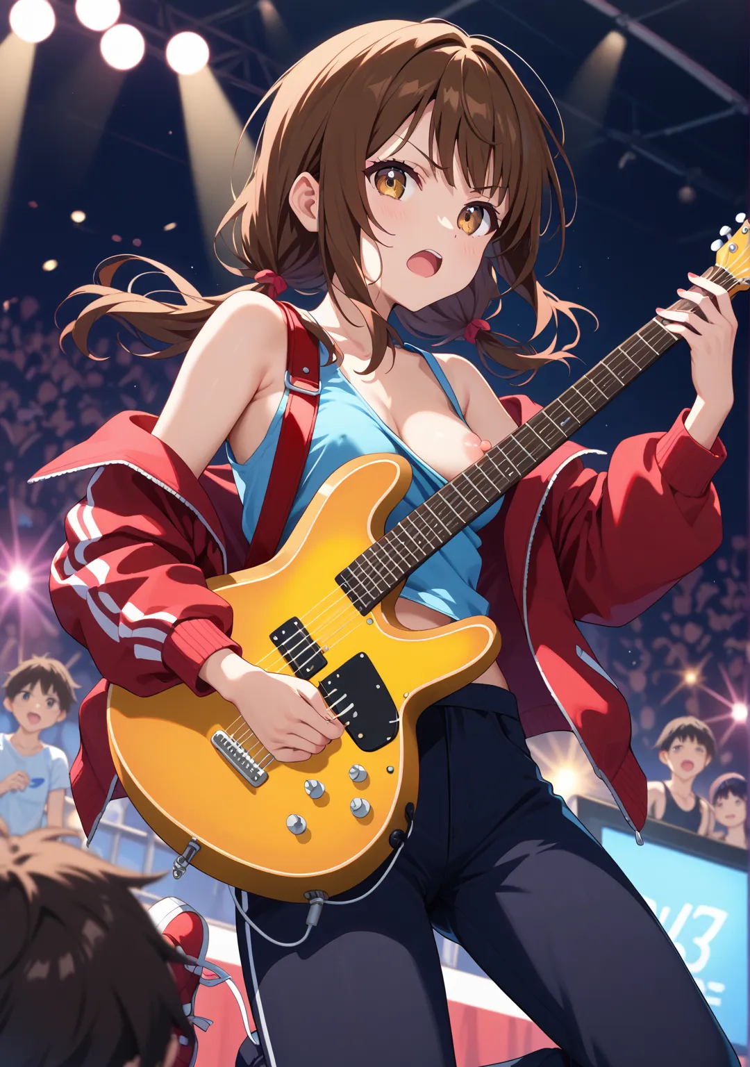 nsfw,girl,glamorous,straight hair,medium hair,dark brown hair,brown eyes,One breast is coming out,One nipple is coming out,low twintail,live stage,guitar,full body,frown,マイクスタンド,歌う,open mouth,tank top,red jacket,band,audience,叫ぶ,スニーカー,白いブラジャー,Shaka sign