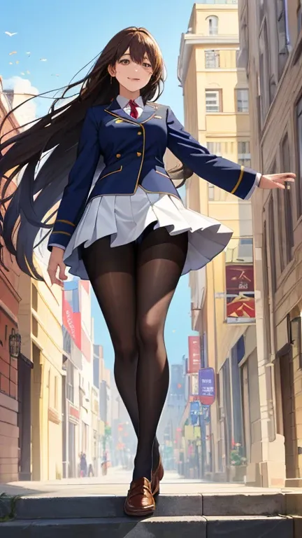  (masterpiece,  Best Quality, 【【【8k,     HD   ), full body, are clearly visible from head to foot， thin legs ，Wearing brown student shoes，A girl smiling happily，She looks at the sky in the distance.， perfect figure ratio，Golden Super Long Hair,  black pant...