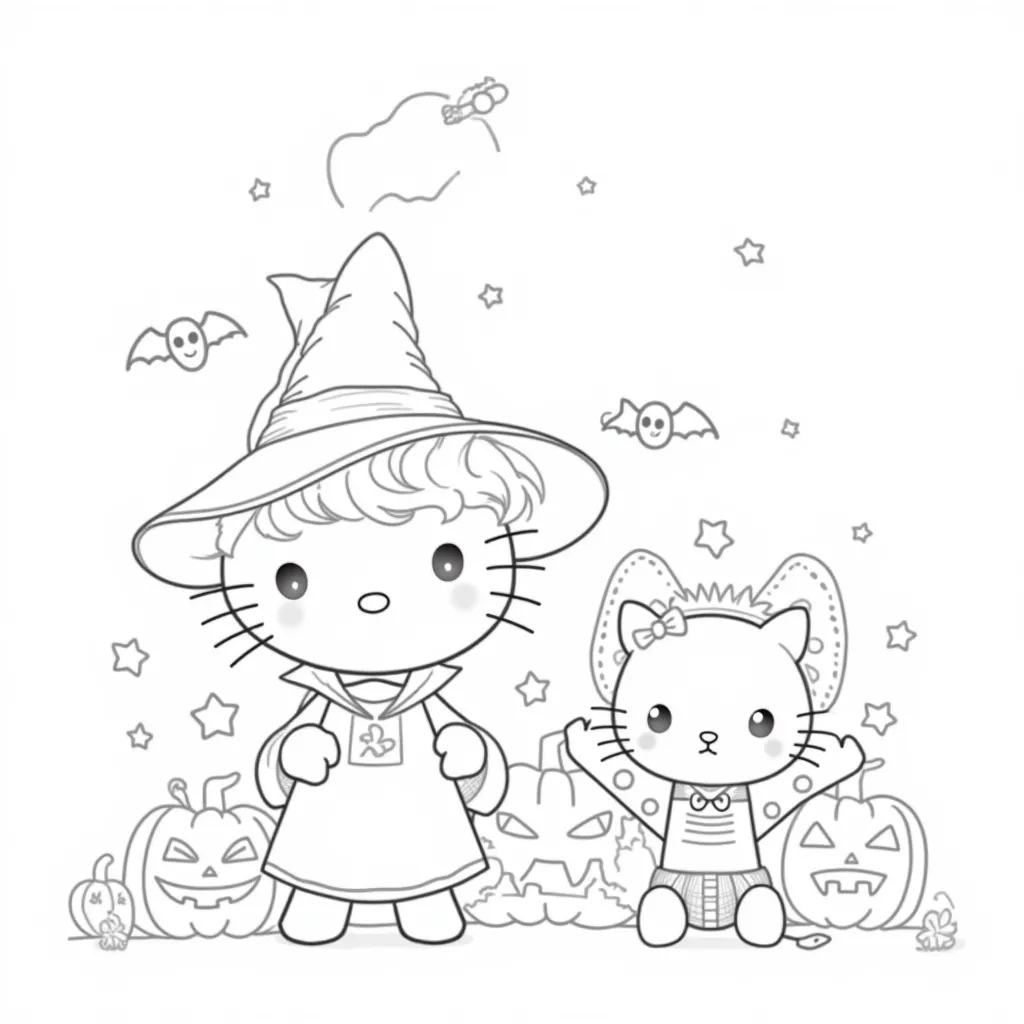 "A spooky yet cute black-and-white outlined drawing of Hello Kitty dressed as a witch and Kuromi as a little vampire. Add small Halloween details like bats, pumpkins, or stars in the background. Keep the outlines bold and simple for coloring."

