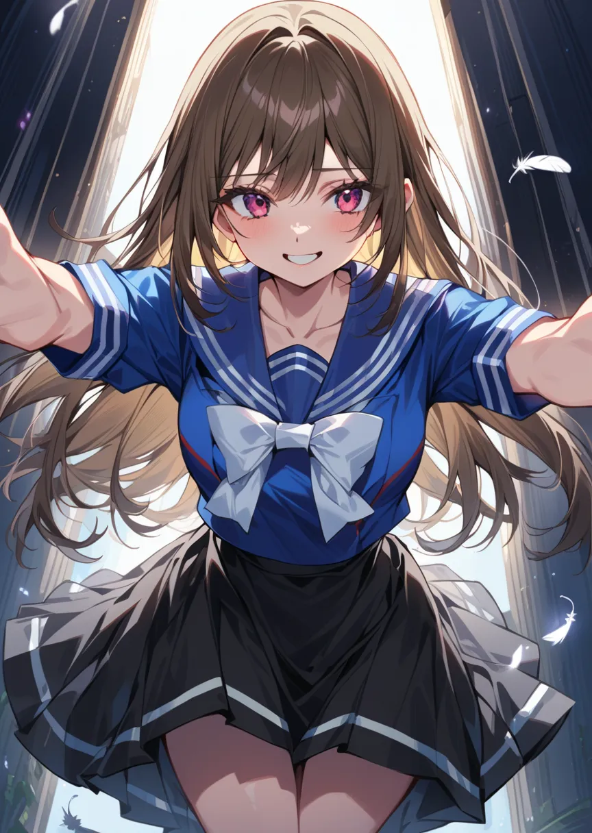 (1.2, high quality), (ピクシブ:1.4), (1 girl),,  female、Brown long hair、Two Hairs 、black skirt、sailor suit、chocolate、、smile、Dynamic Angle、dramatic lighting、Feathers grew from the waist
