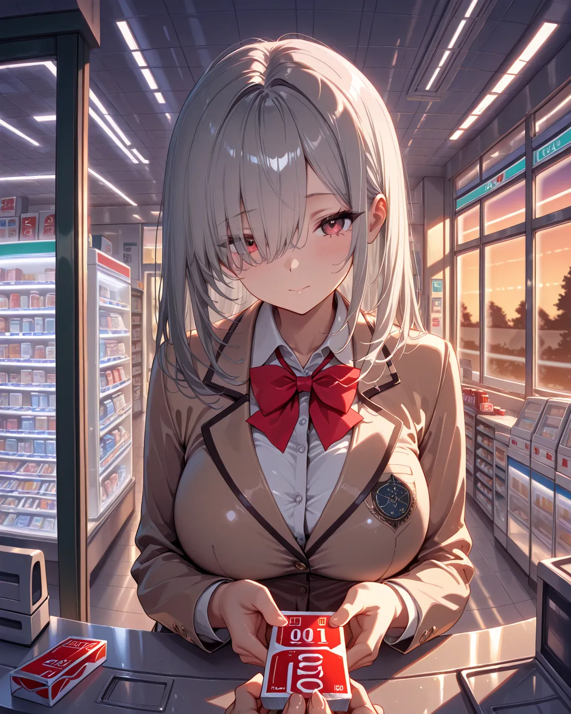 masterpiece, best quality, high quality, highres,

gray hair, long bangs, medium length hair,
large breasts, cute face, (tareme:0.6),

collared shirt, brown blazer, school uniform, red bow,

indoors, convenience store, counter, Evening, Window, Holding a c...