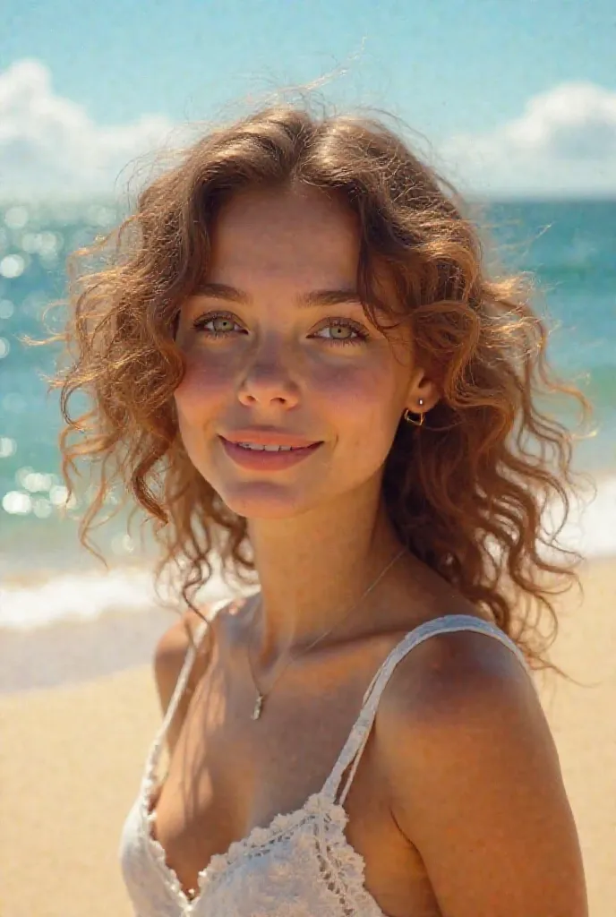 Girl 23 years old, Chestnut-colored curly hair, on the beach  