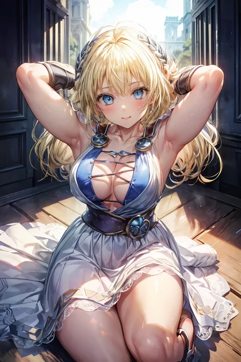 Very detailed、highest quality、Best image quality、masterpiece、8k、Anime Face、A kind smile、Open your mouth、Sparkling blue eyes、(Blonde:1.5)、(Fold your arms above your head:1.5)、Muscles of the whole body、Sophitia Alexandra