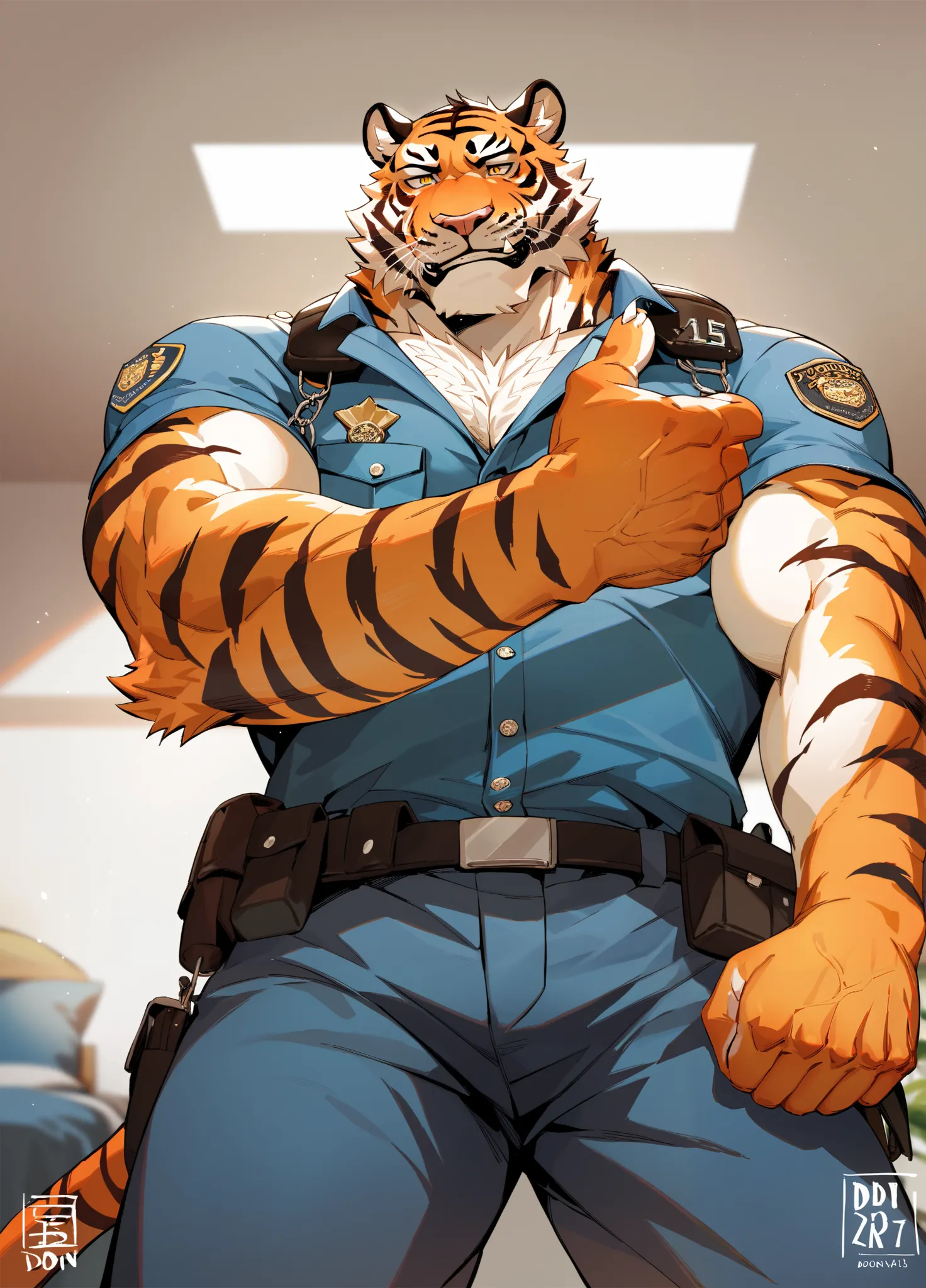 hairy,Tiger Orc,furry，A tall furry, Strong 、 hairy man,Police Uniform,Police pants ,aldult ,bedroom,    detailed, Highly blurred eyes,, Strong muscles , My eyes are cold, 符合标准,The act of standing,The number of fingers on one hand meets the standard、don't d...