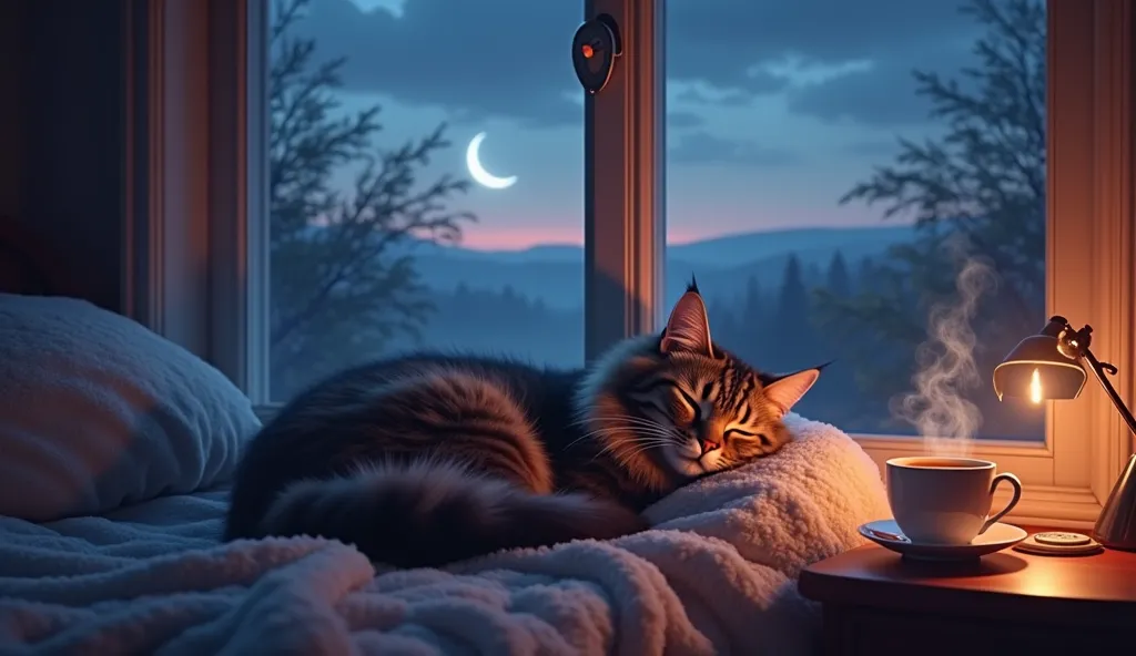 Cat sleeping on a pillow , Hot tea on the table, ,Beautiful landscape window, Night Sky, moon,Maine Coon