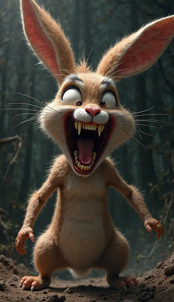 Generate a horror image of Hare Character of Masha and the bear. Screaming his teeth like Venom and his face is very creepy must be full body