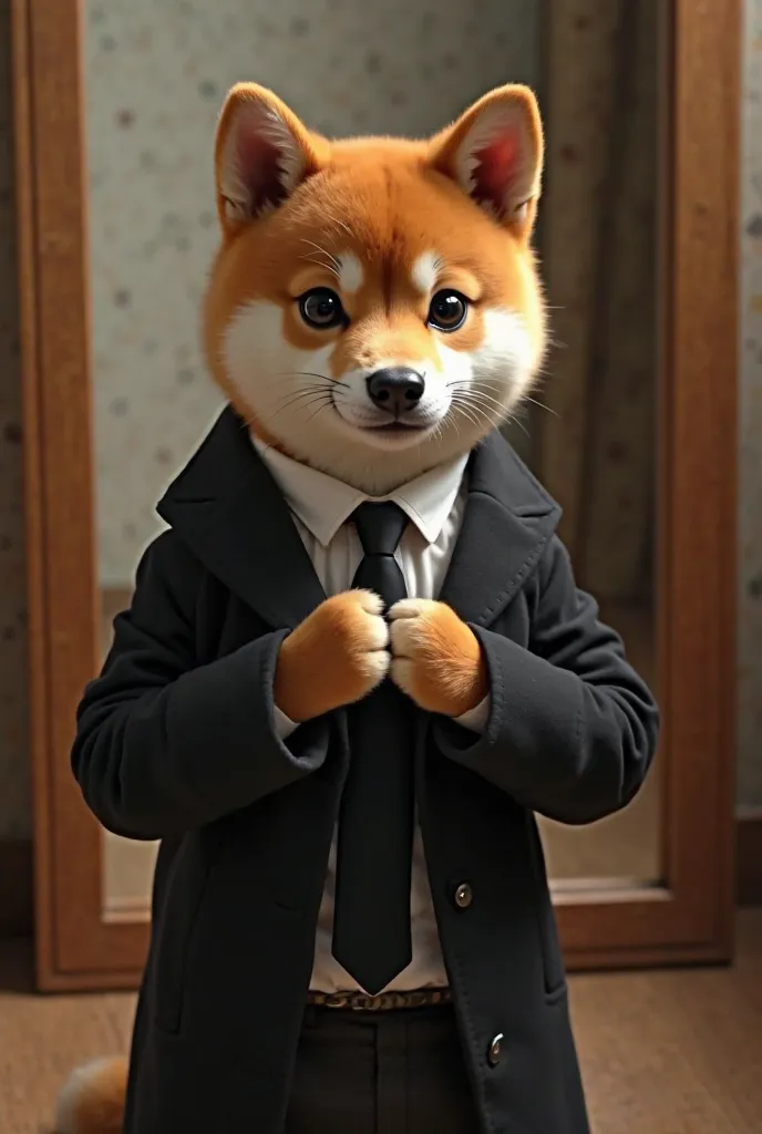 The tiny Shiba Inu, now looking more realistic like a human, stands in front of a mirror wearing a black coat, a white shirt, and a neatly tied black tie. It adjusts its collar with a confident expression."