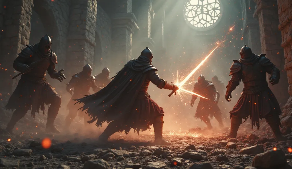 "A fierce medieval warrior fighting shadowy wraiths in the ruins, sparks flying, glowing sword clashing with dark magic, intense battle, cinematic action shot, dynamic lighting, epic fantasy, 4K."