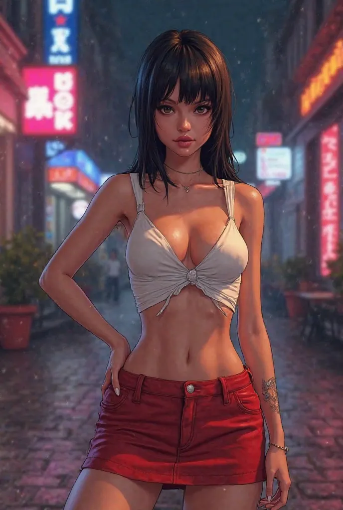 

"A slim and toned female character standing confidently with a rebellious and playful attitude. She has straight, shoulder-length black hair and void-like black eyes. She wears a white sleeveless knotted shirt that reveals a hint of her small cleavage, a...